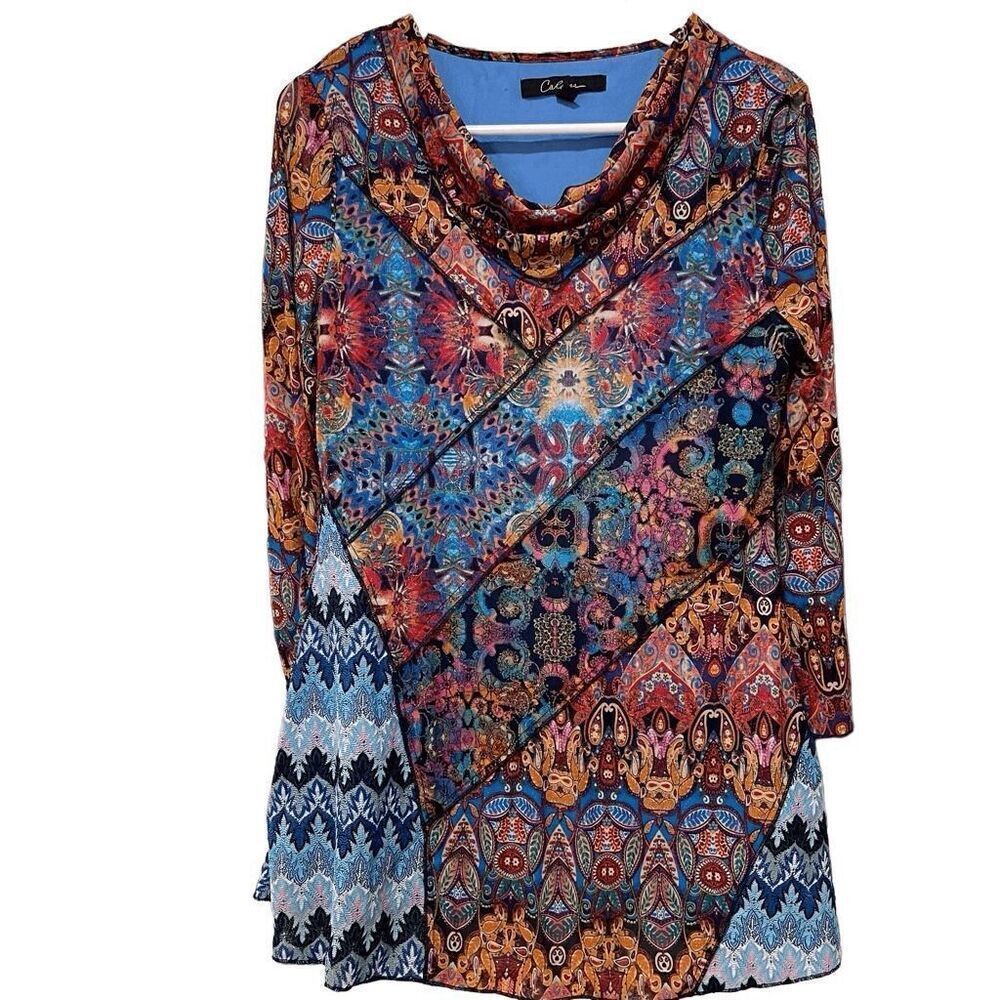 Calessa Womens Tunic S Blue Cowlneck 3/4 Sleeve Crocheted Patchwork Paisley